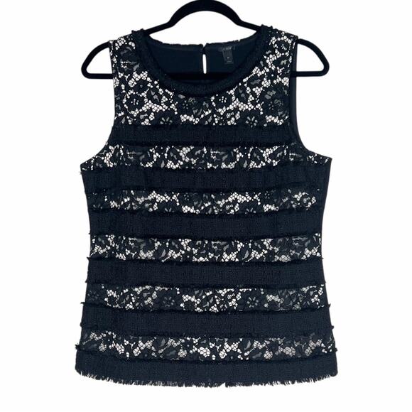 J. Crew Tops - J Crew Fringy Tweed Lace Tank Top M Black Nude Eyelash Fringe Trim Blouse Career